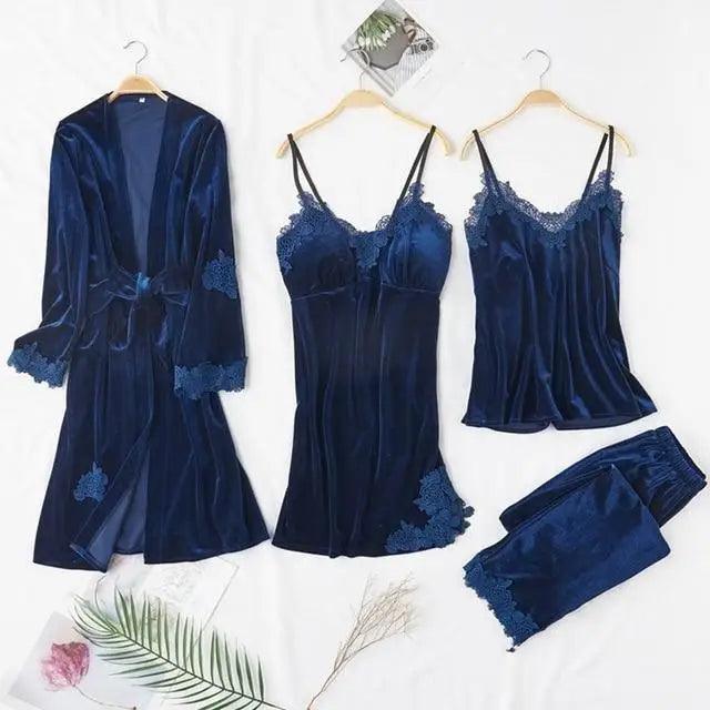 Ensemble de Pyjama d'Hiver Élégant pour Femmes en 4 Pièces avec Robe en Dentelle