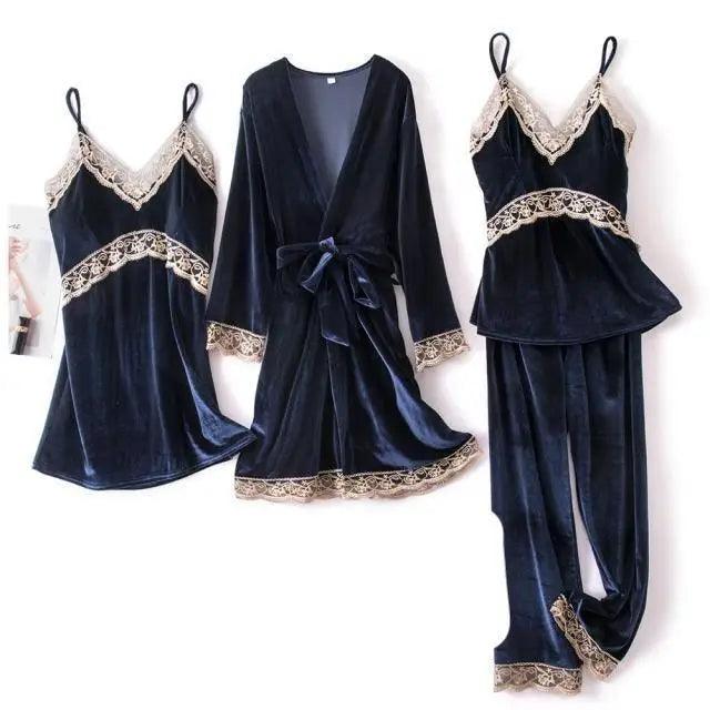Ensemble de Pyjama d'Hiver Élégant pour Femmes en 4 Pièces avec Robe en Dentelle