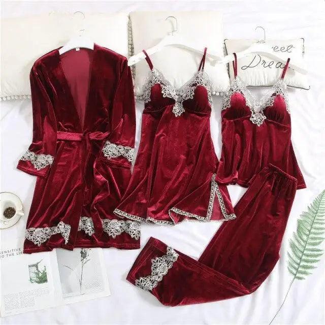 Ensemble de Pyjama d'Hiver Élégant pour Femmes en 4 Pièces avec Robe en Dentelle