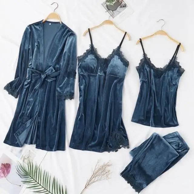 Ensemble de Pyjama d'Hiver Élégant pour Femmes en 4 Pièces avec Robe en Dentelle