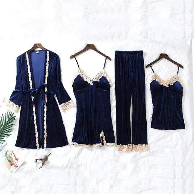 Ensemble de Pyjama d'Hiver Élégant pour Femmes en 4 Pièces avec Robe en Dentelle