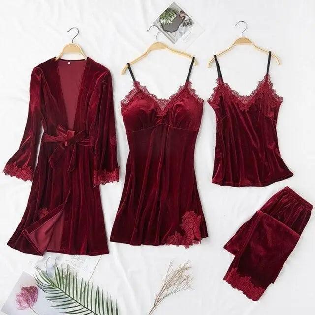 Ensemble de Pyjama d'Hiver Élégant pour Femmes en 4 Pièces avec Robe en Dentelle