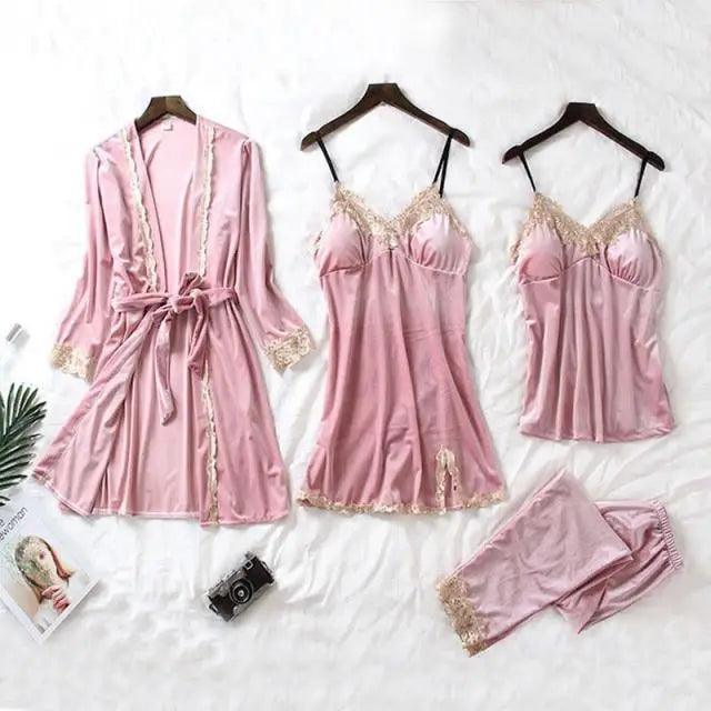 Ensemble de Pyjama d'Hiver Élégant pour Femmes en 4 Pièces avec Robe en Dentelle