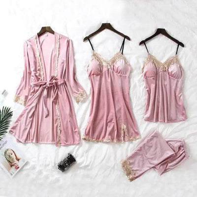 Elegant 4-Piece Women's Winter Pajama Set with Lace Robe