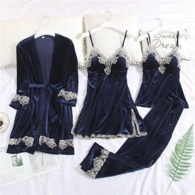 Ensemble de Pyjama d'Hiver Élégant pour Femmes en 4 Pièces avec Robe en Dentelle
