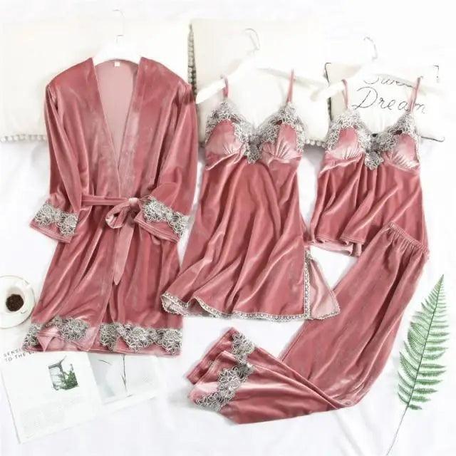 Ensemble de Pyjama d'Hiver Élégant pour Femmes en 4 Pièces avec Robe en Dentelle