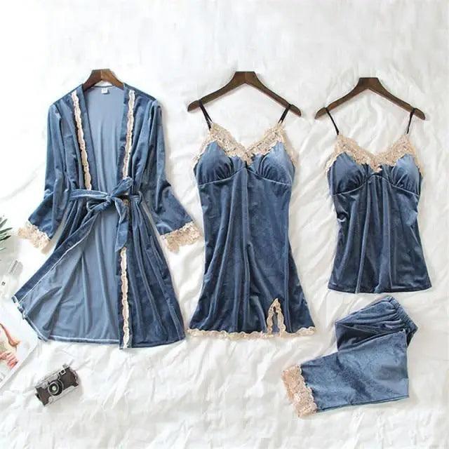 Ensemble de Pyjama d'Hiver Élégant pour Femmes en 4 Pièces avec Robe en Dentelle
