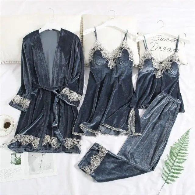 Ensemble de Pyjama d'Hiver Élégant pour Femmes en 4 Pièces avec Robe en Dentelle