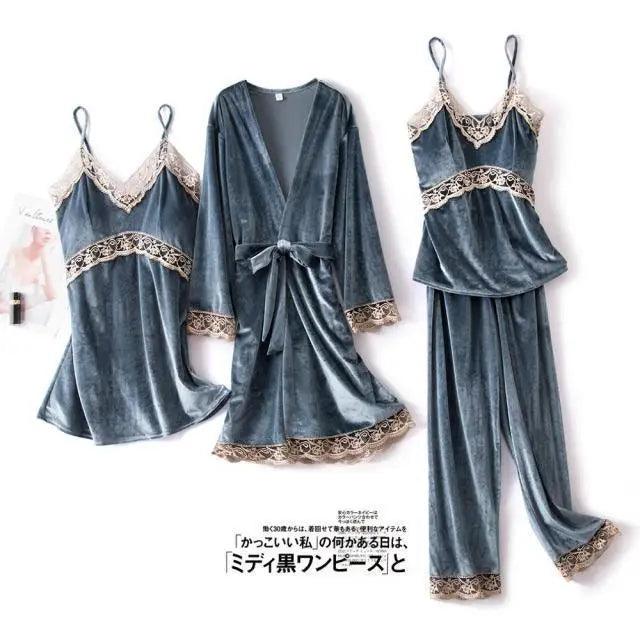Ensemble de Pyjama d'Hiver Élégant pour Femmes en 4 Pièces avec Robe en Dentelle