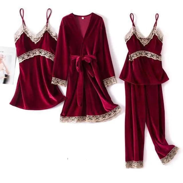 Ensemble de Pyjama d'Hiver Élégant pour Femmes en 4 Pièces avec Robe en Dentelle