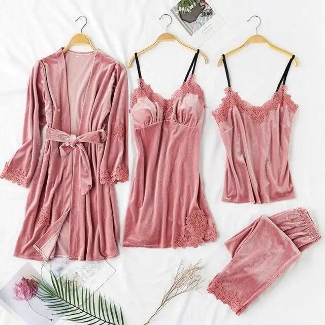 Ensemble de Pyjama d'Hiver Élégant pour Femmes en 4 Pièces avec Robe en Dentelle
