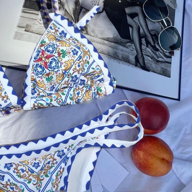 Vintage Print Triangle Micro Bikini Set for Women