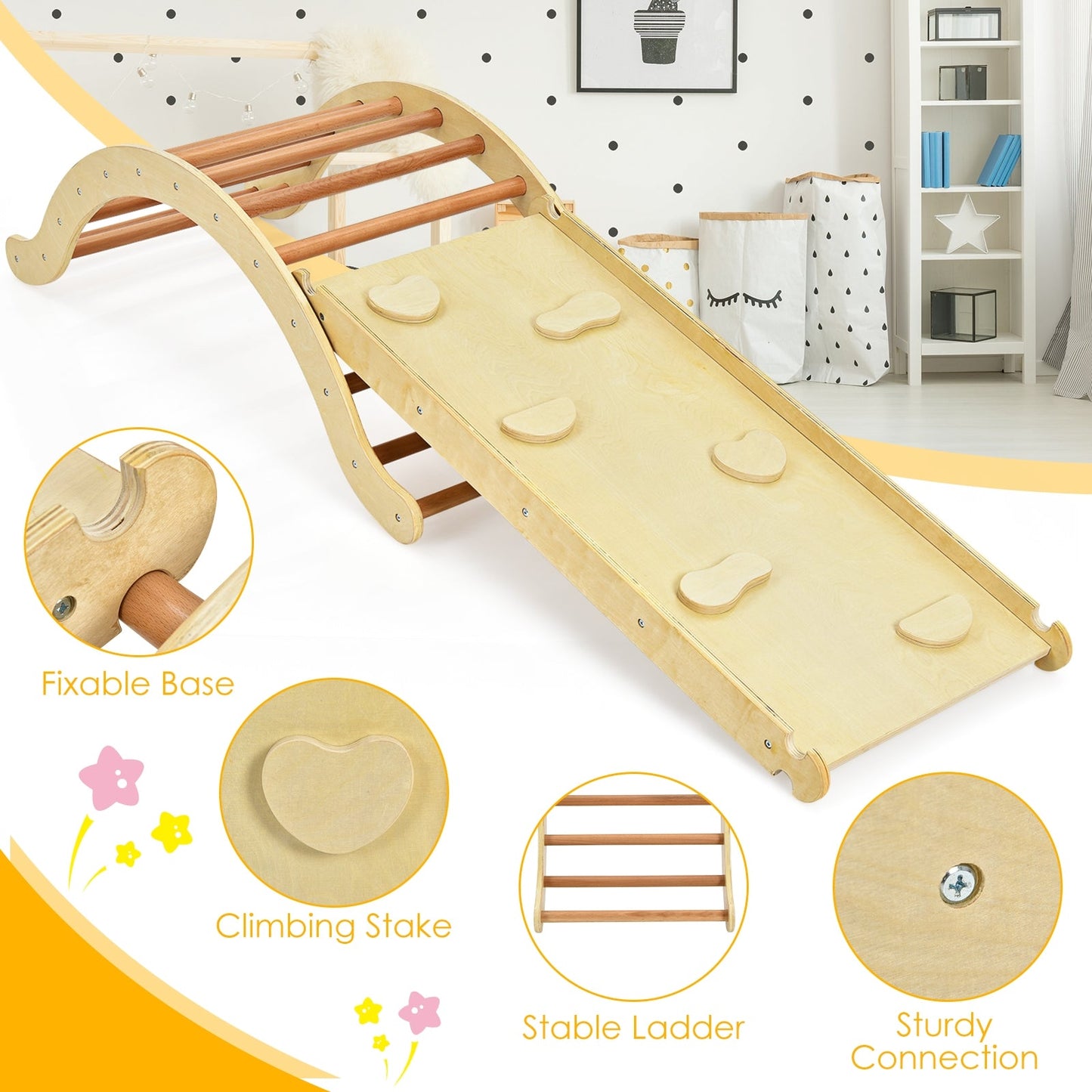 3-in-1 Kids Wooden Arch Triangle Rocker Climber Set