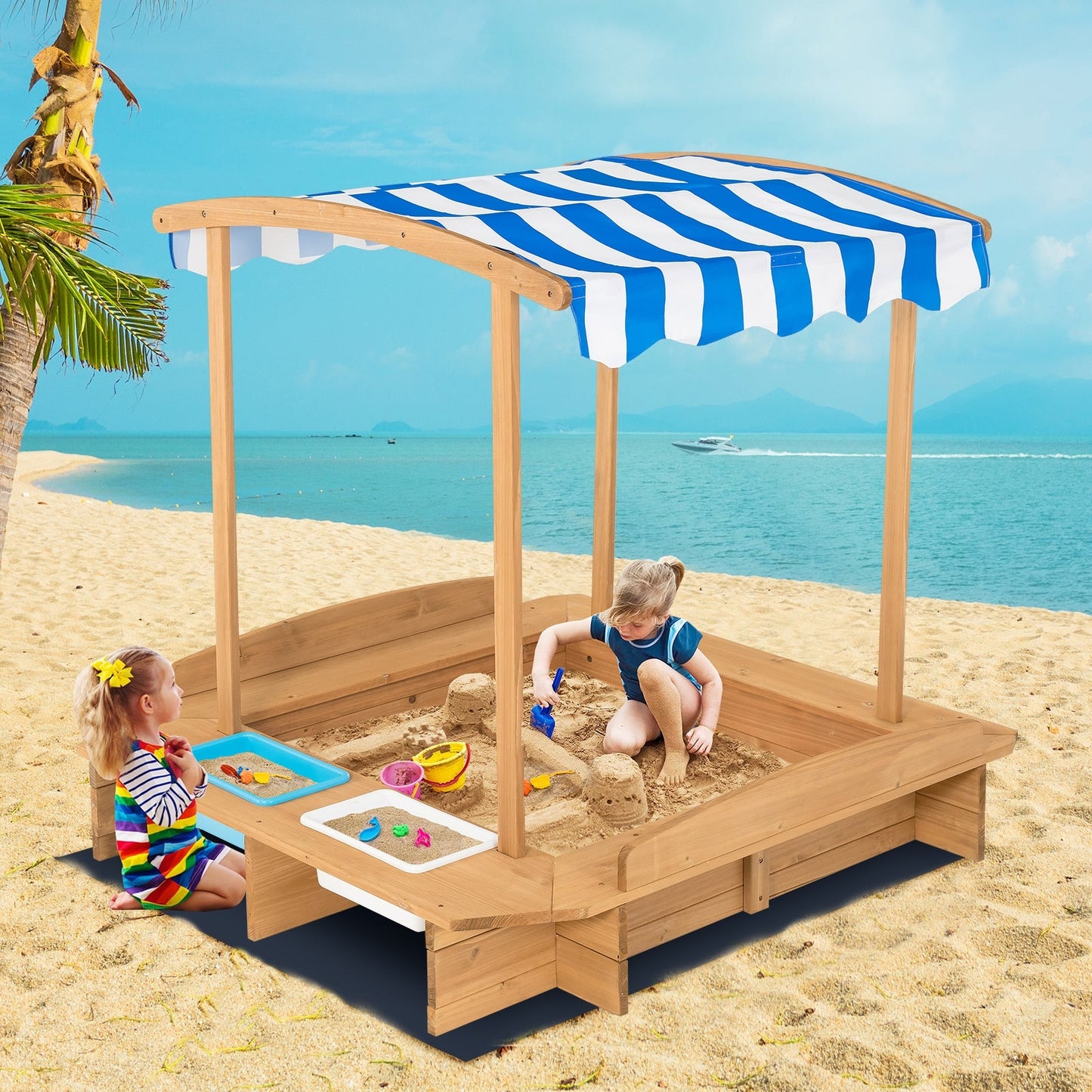 Caja de arena de madera para niños con toldo a rayas