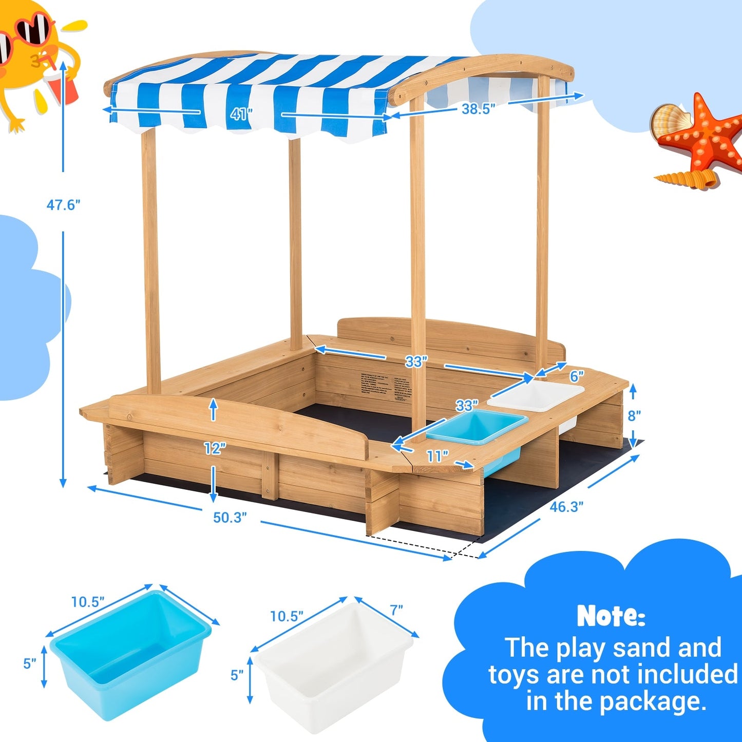 Caja de arena de madera para niños con toldo a rayas