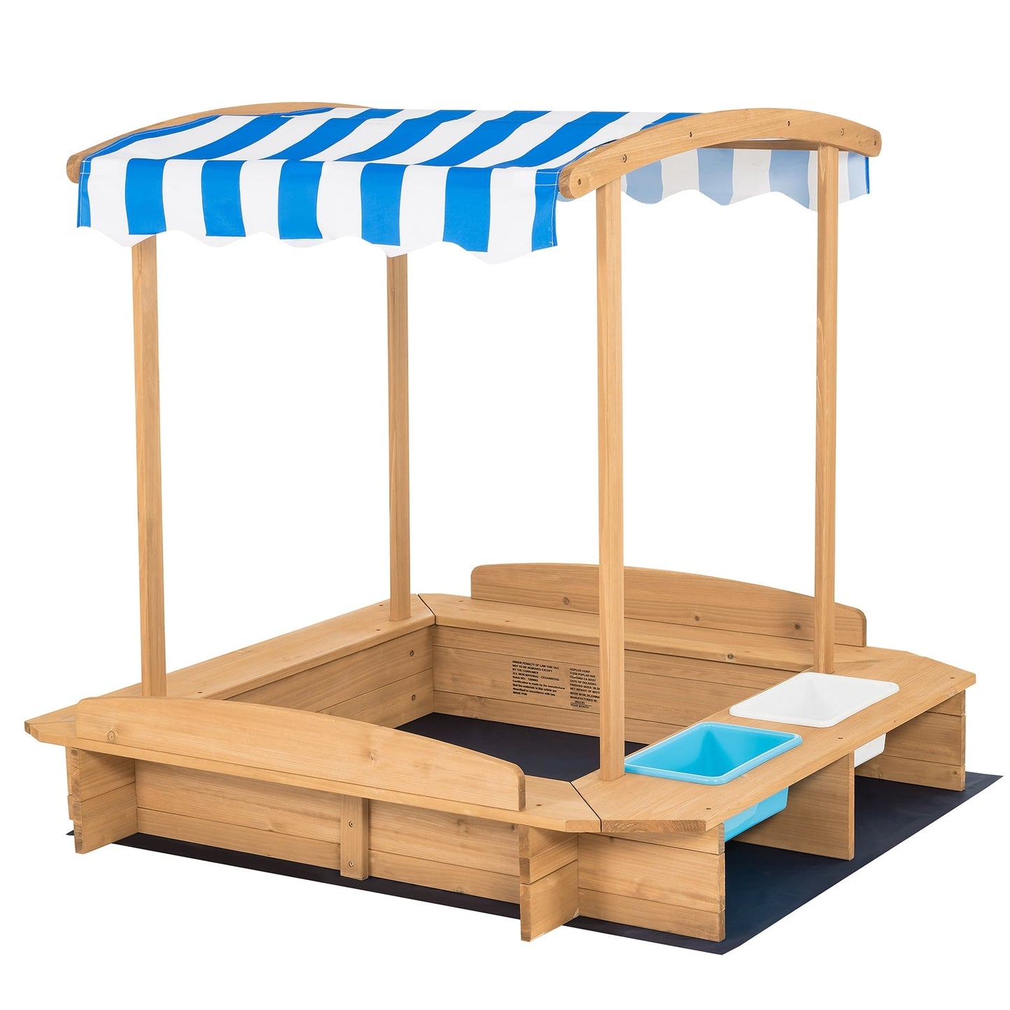 Caja de arena de madera para niños con toldo a rayas