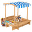 Caja de arena de madera para niños con toldo a rayas