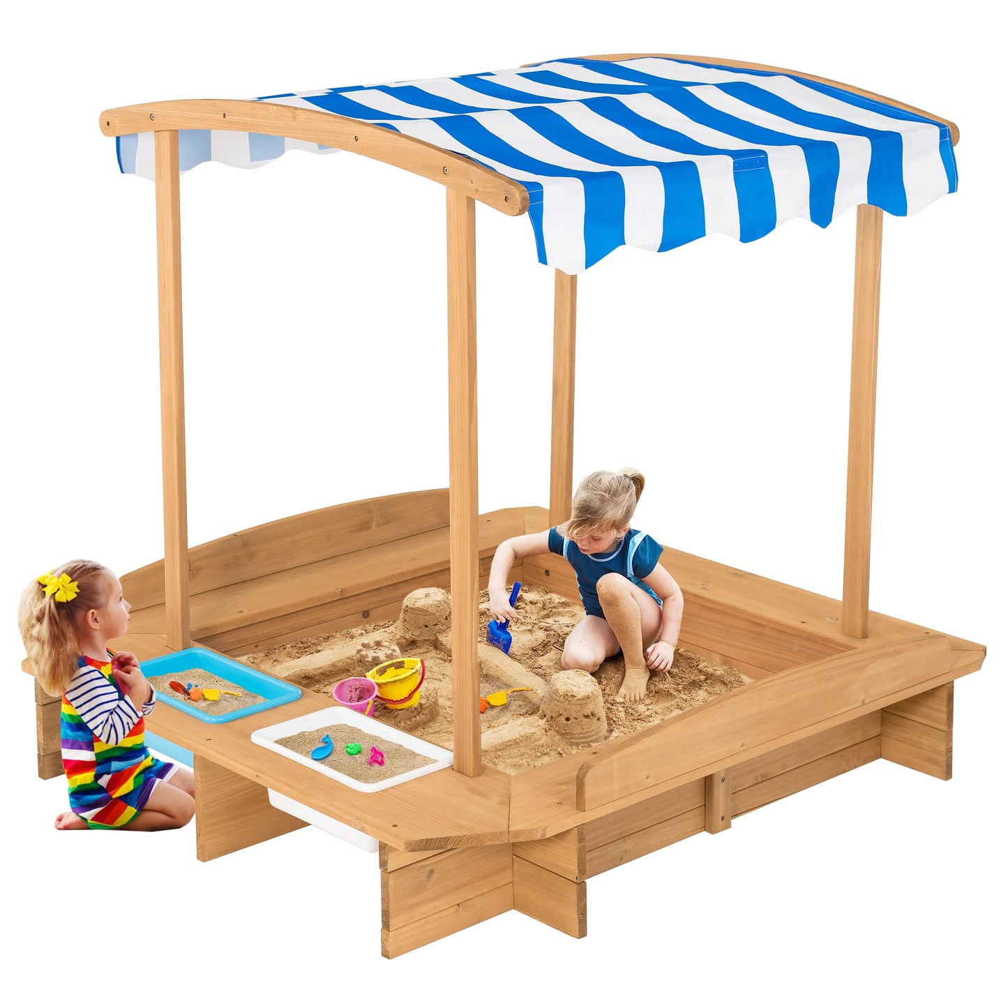 Caja de arena de madera para niños con toldo a rayas
