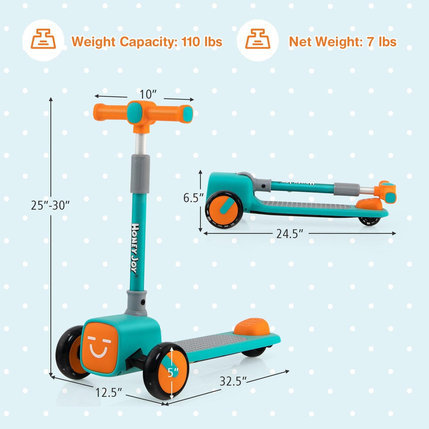 Folding Adjustable Kids Scooter with LED Wheels & Emoji Covers - Green