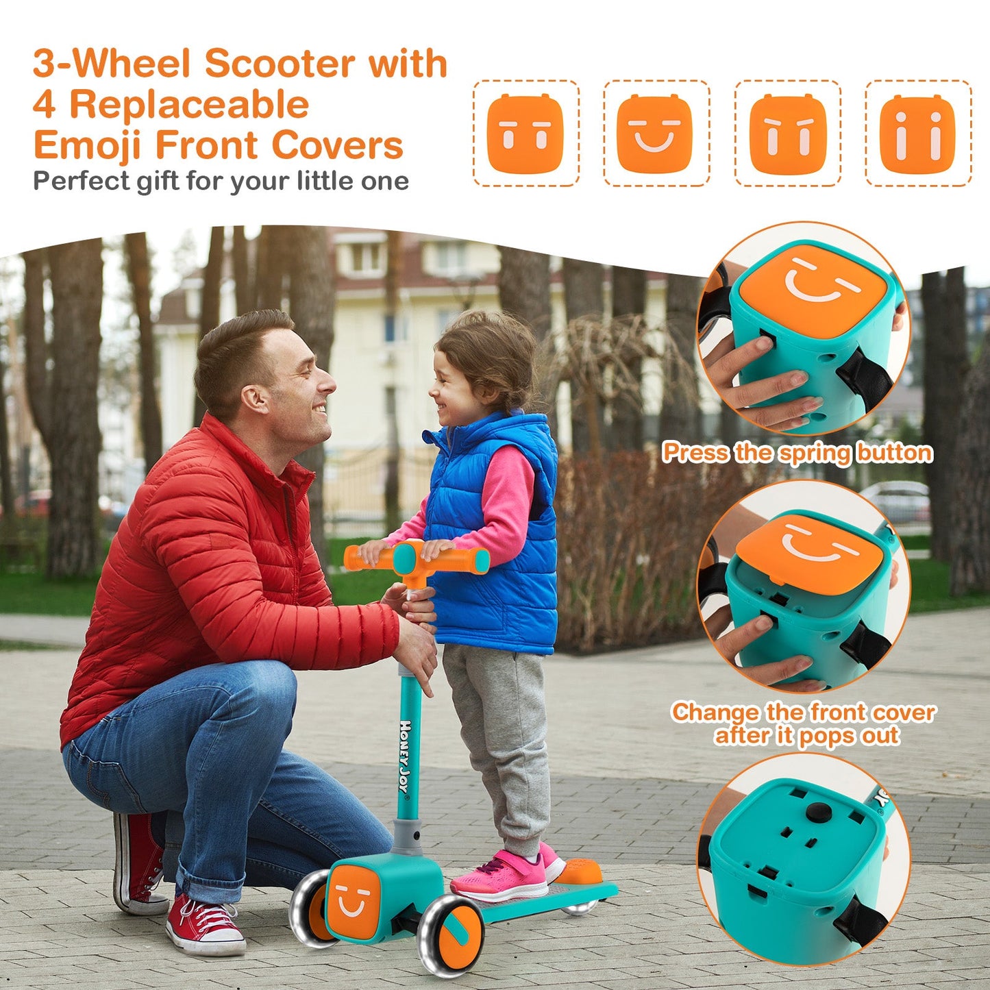 Folding Adjustable Kids Scooter with LED Wheels & Emoji Covers - Green