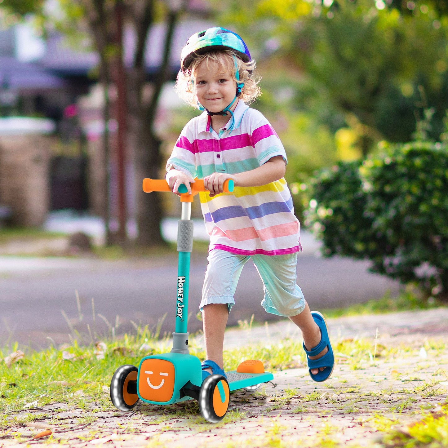 Folding Adjustable Kids Scooter with LED Wheels & Emoji Covers - Green