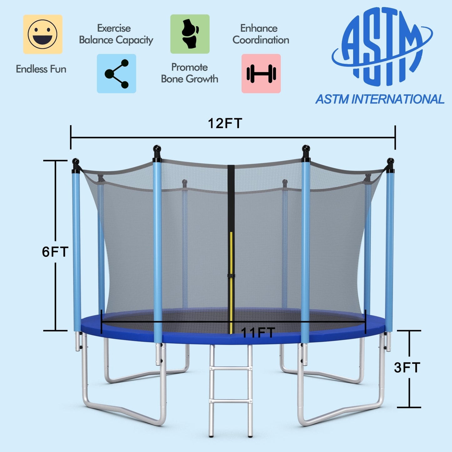 Trampoline extérieur de 12 pieds avec filet de sécurité