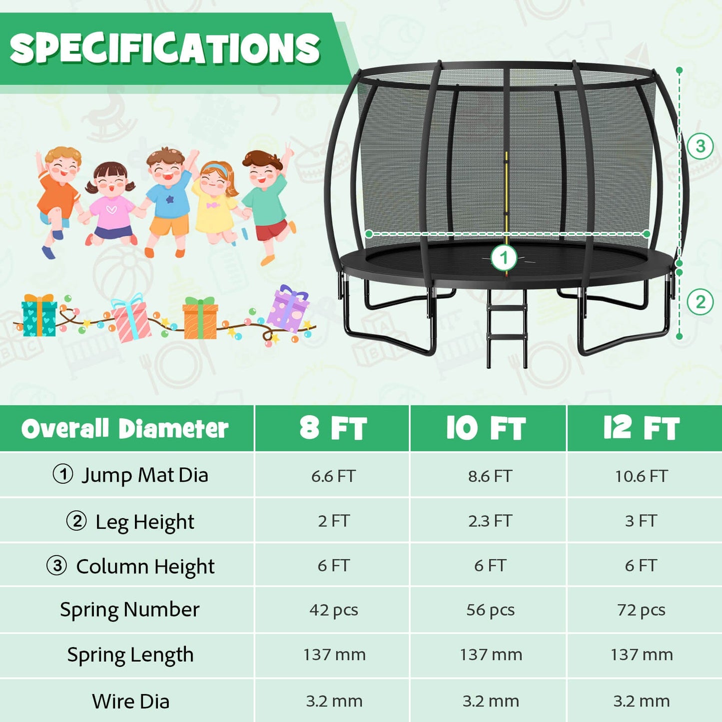 12FT ASTM Approved Recreational Trampoline with Ladder - Black
