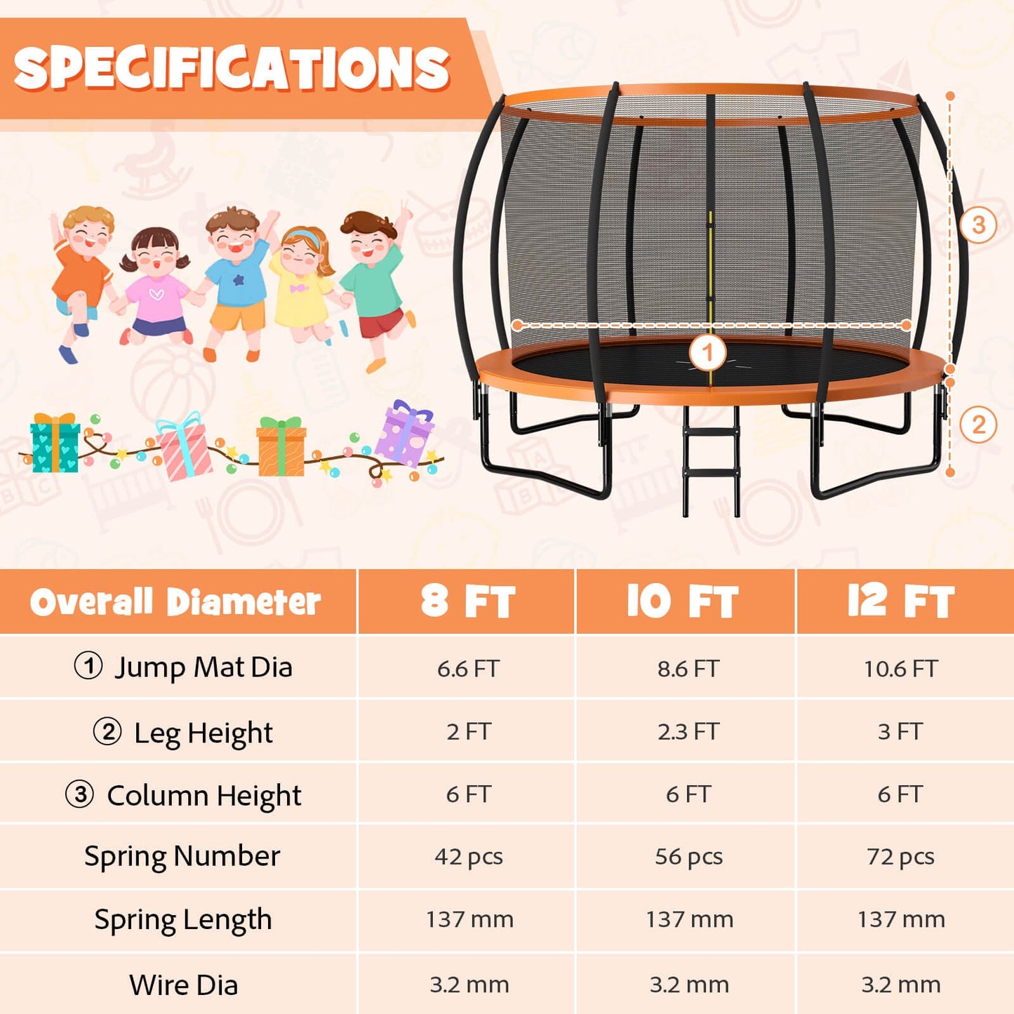 12FT ASTM Approved Recreational Trampoline with Ladder - Orange