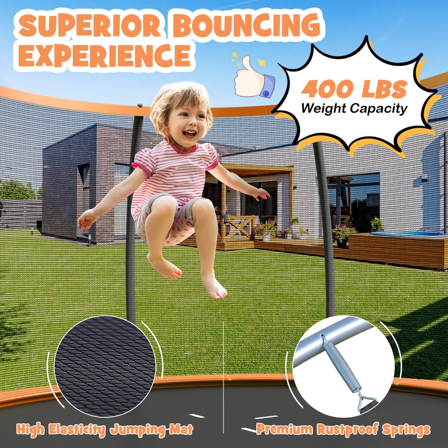 12FT ASTM Approved Recreational Trampoline with Ladder - Orange