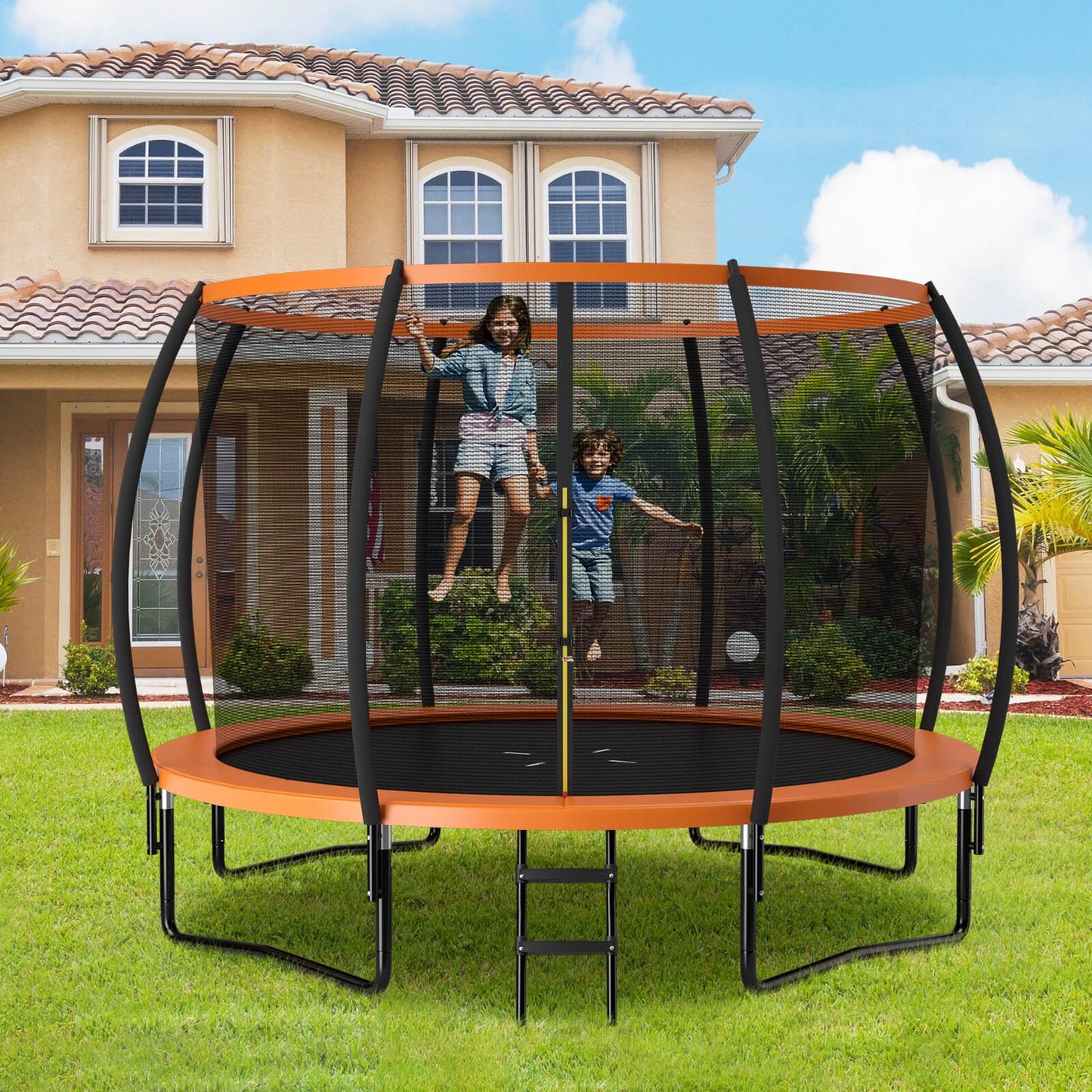 12FT ASTM Approved Recreational Trampoline with Ladder - Orange