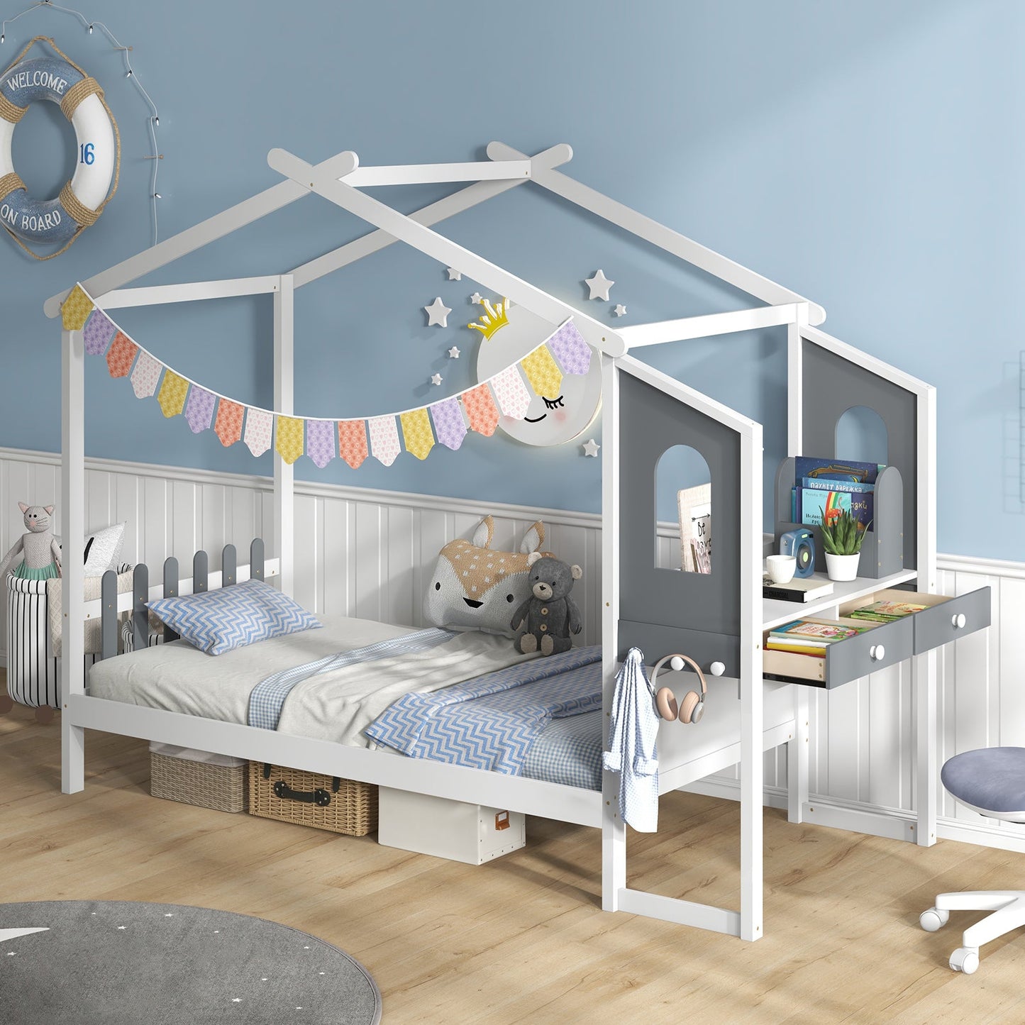 Estructura de Cama Twin/Full con Dosel en Forma de Casa para Niños