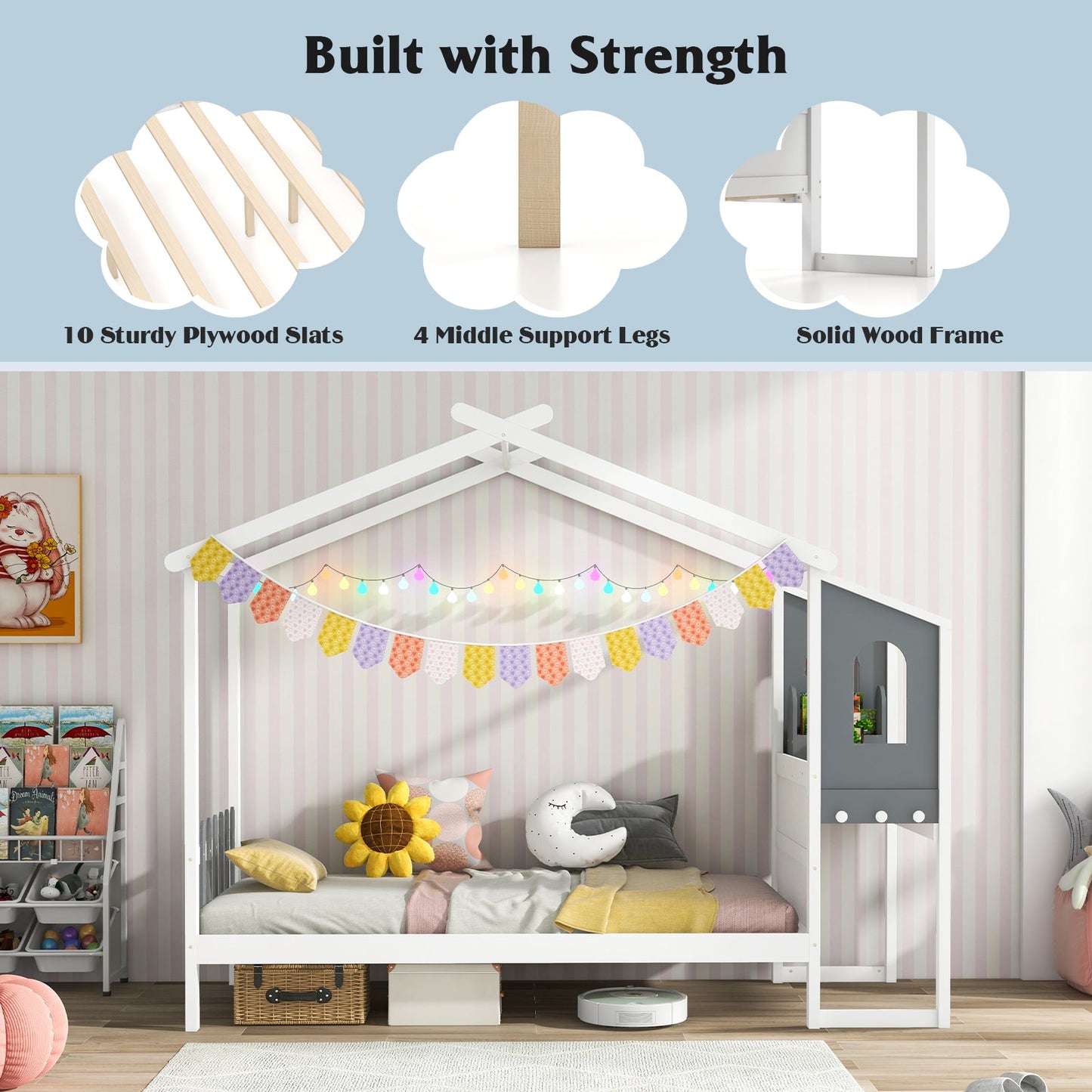Estructura de Cama Twin/Full con Dosel en Forma de Casa para Niños