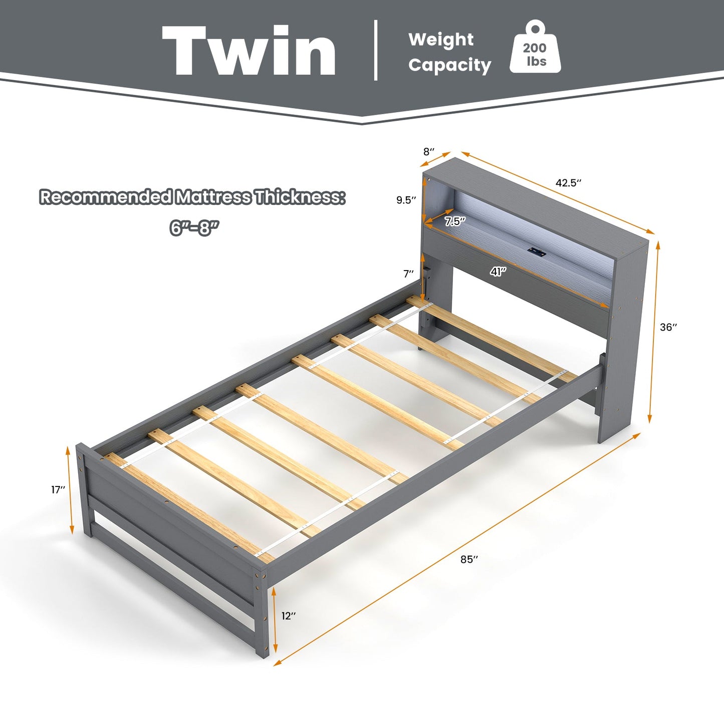 Estructura de Cama Individual con Cabecera de Almacenamiento y Estación de Carga - Gris