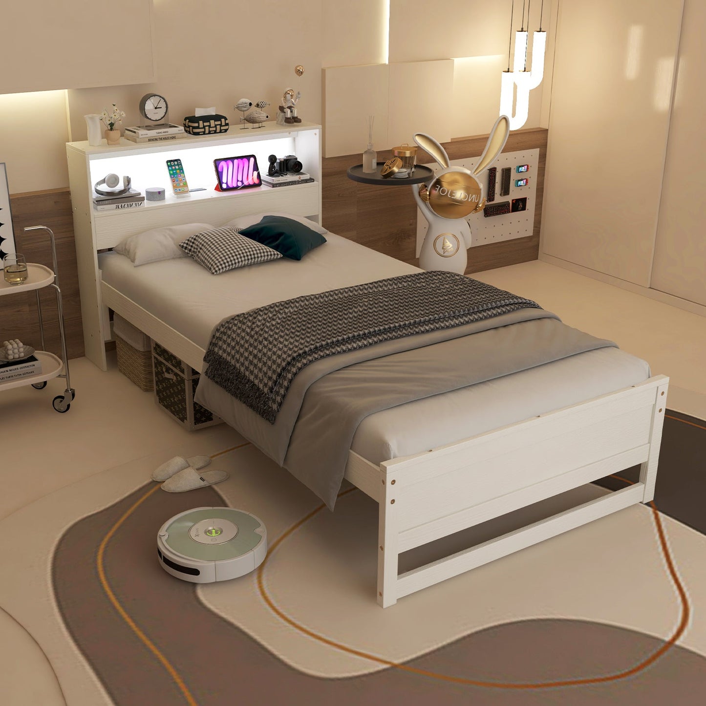 Estructura de Cama Individual con Cabecero de Almacenamiento y Estación de Carga - Blanco
