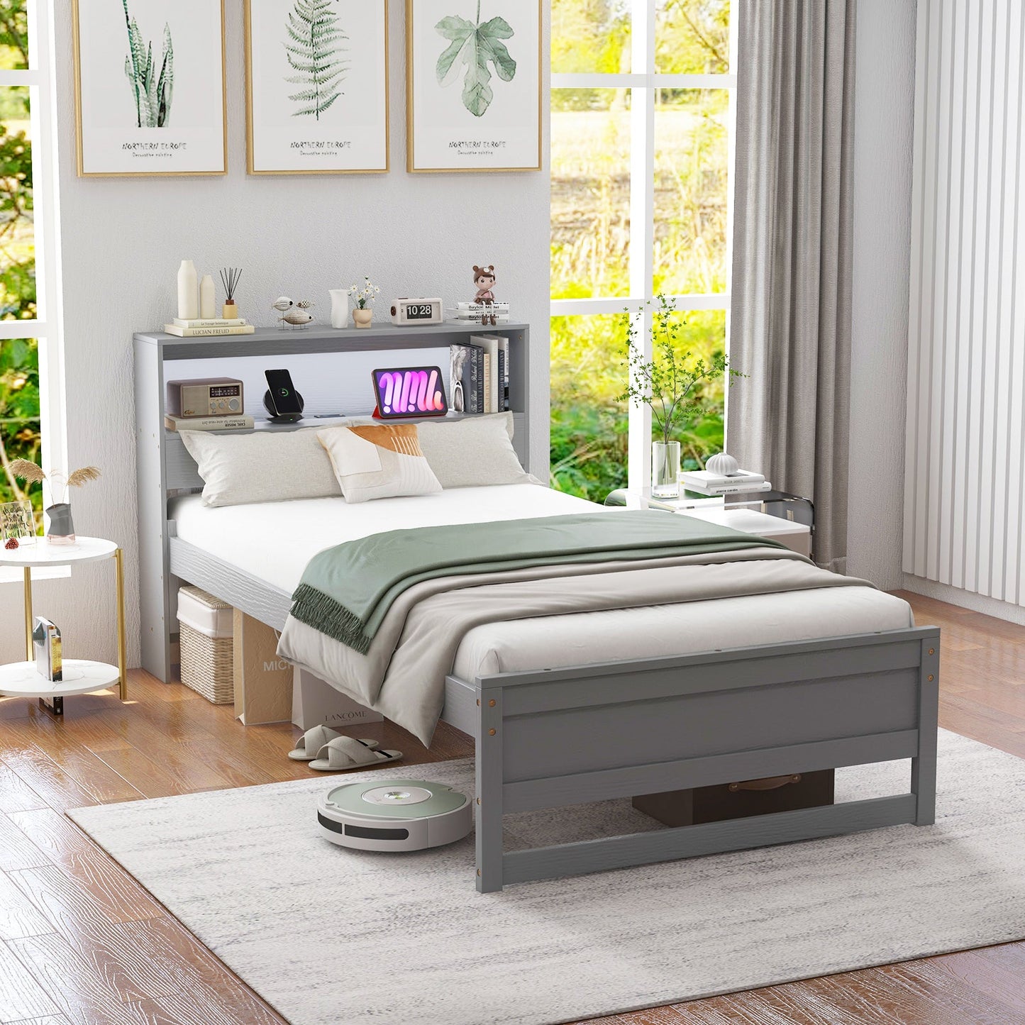 Estructura de Cama Individual con Cabecera de Almacenamiento y Estación de Carga - Gris