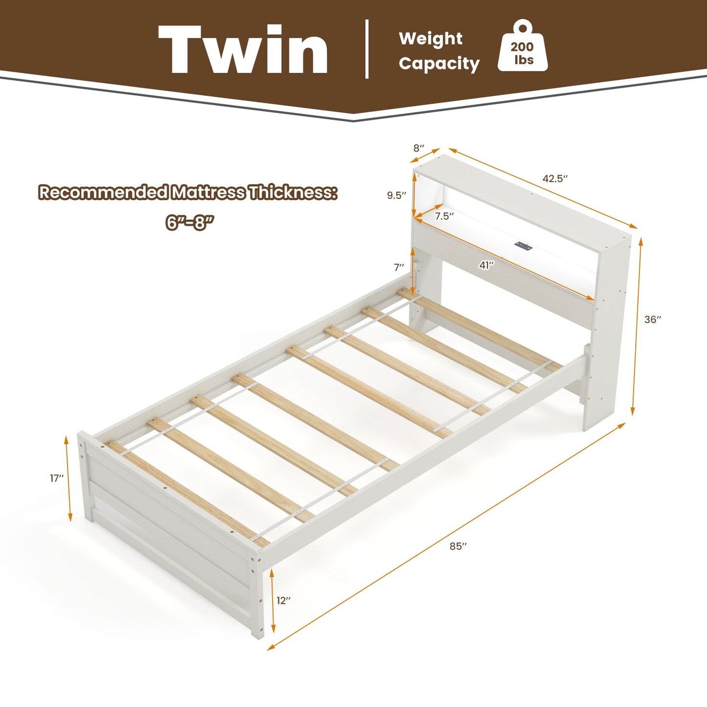 Estructura de Cama Individual con Cabecero de Almacenamiento y Estación de Carga - Blanco