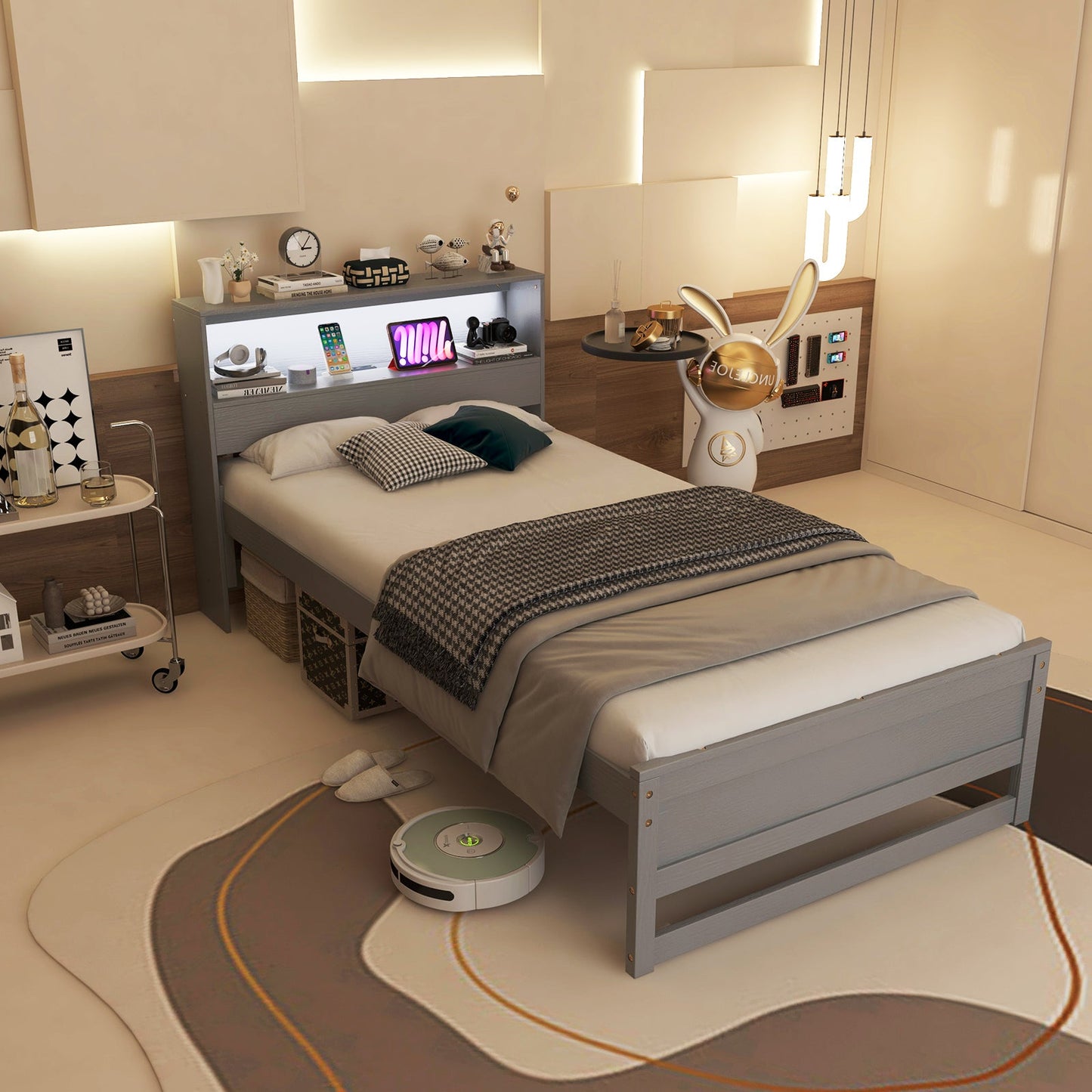 Estructura de Cama Individual con Cabecera de Almacenamiento y Estación de Carga - Gris