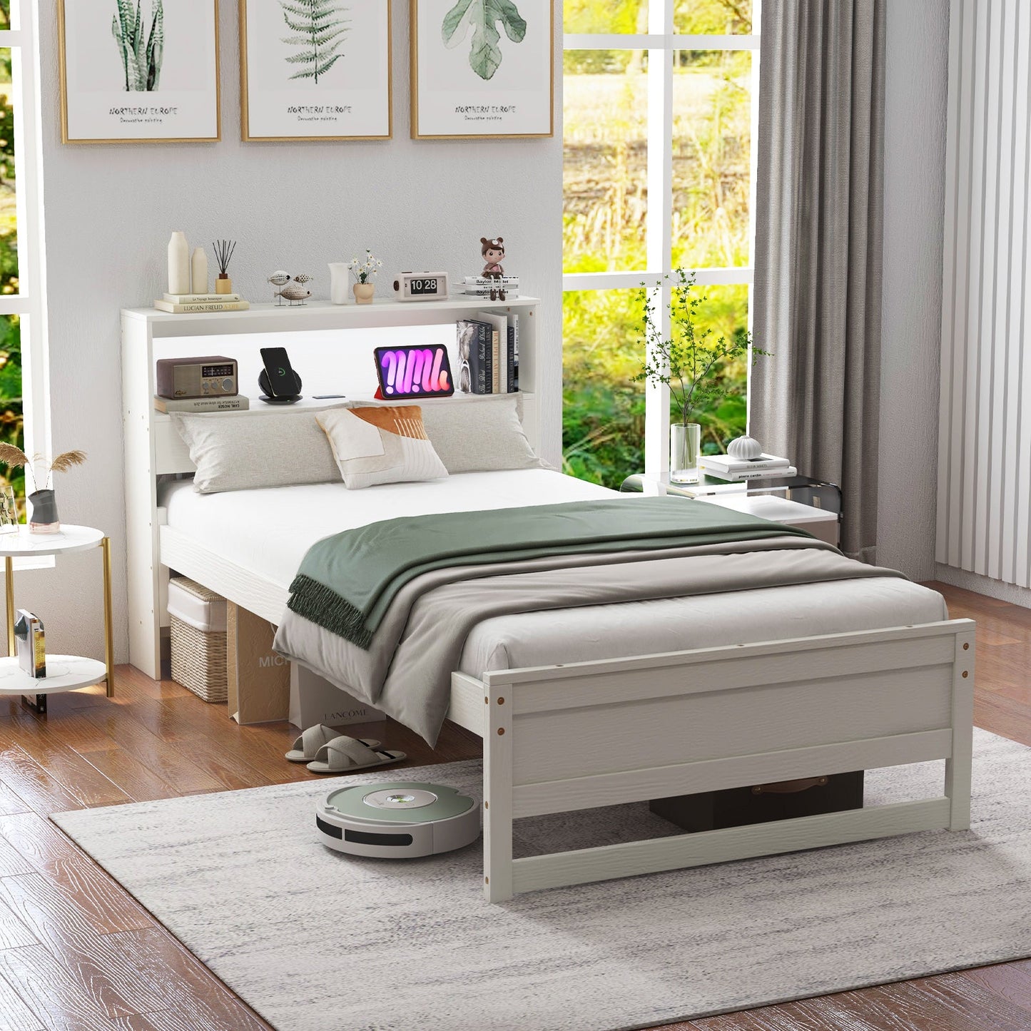 Estructura de Cama Individual con Cabecero de Almacenamiento y Estación de Carga - Blanco