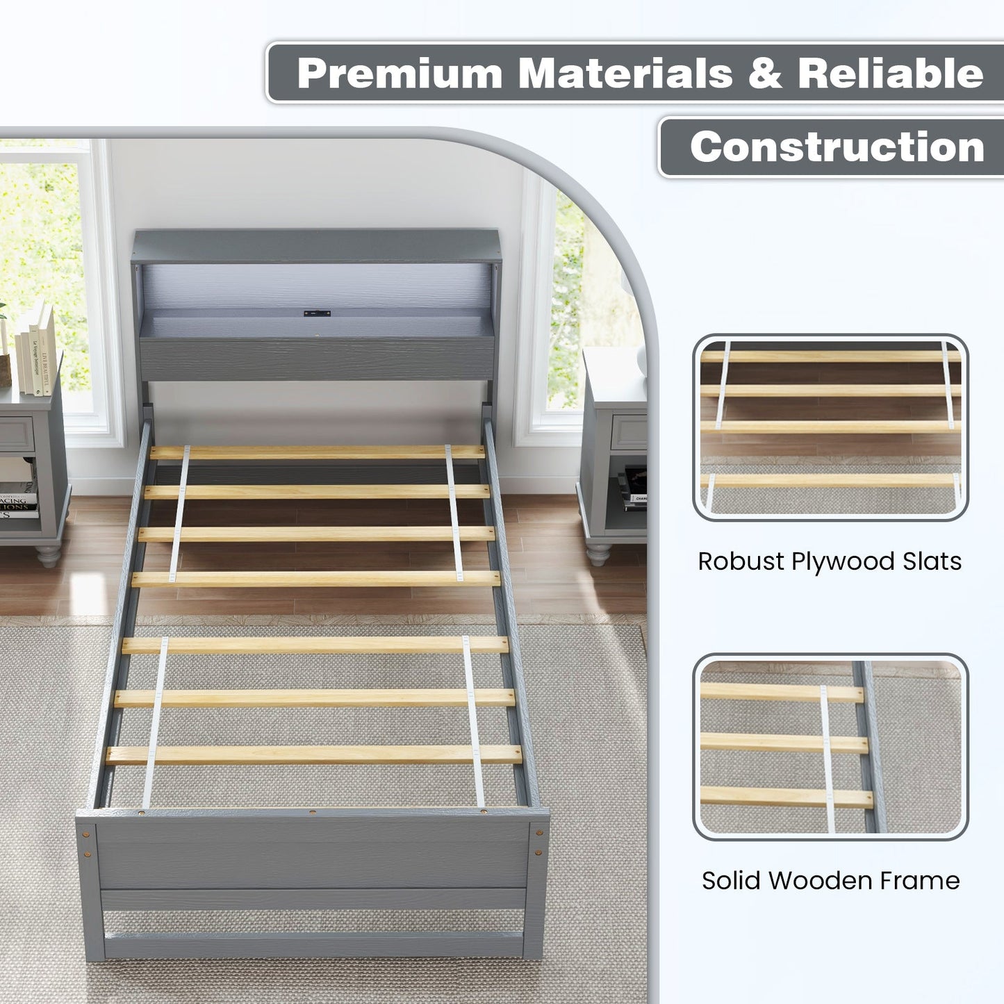 Estructura de Cama Individual con Cabecera de Almacenamiento y Estación de Carga - Gris