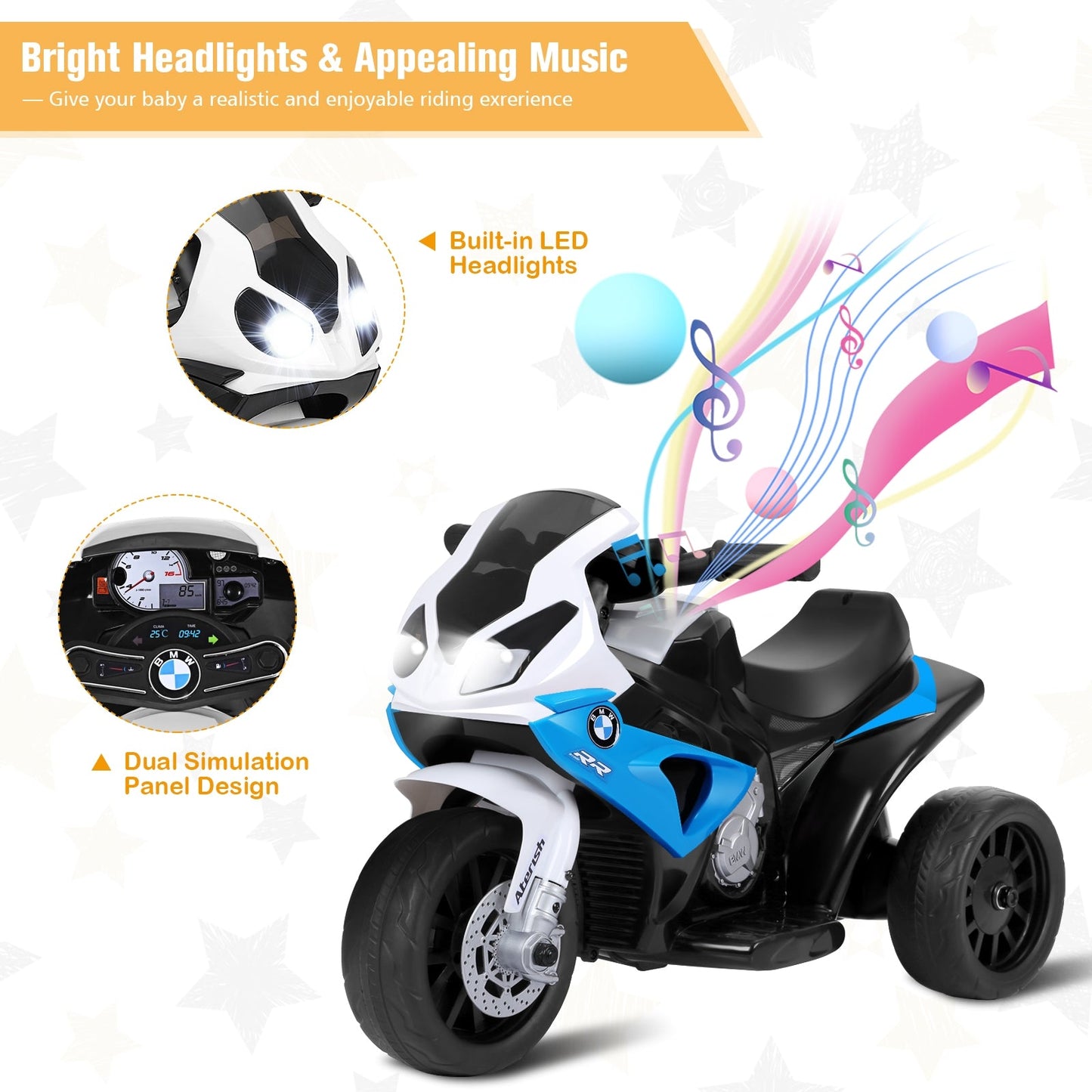 6V Kids 3-Wheel BMW Licensed Electric Motorcycle - Blue