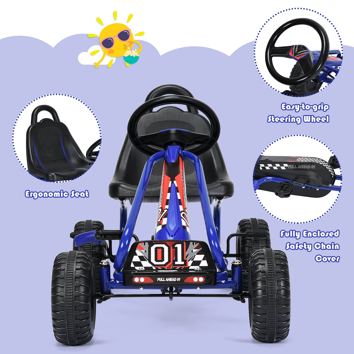 4 Wheel Pedal Powered Ride On with Adjustable Seat - Blue