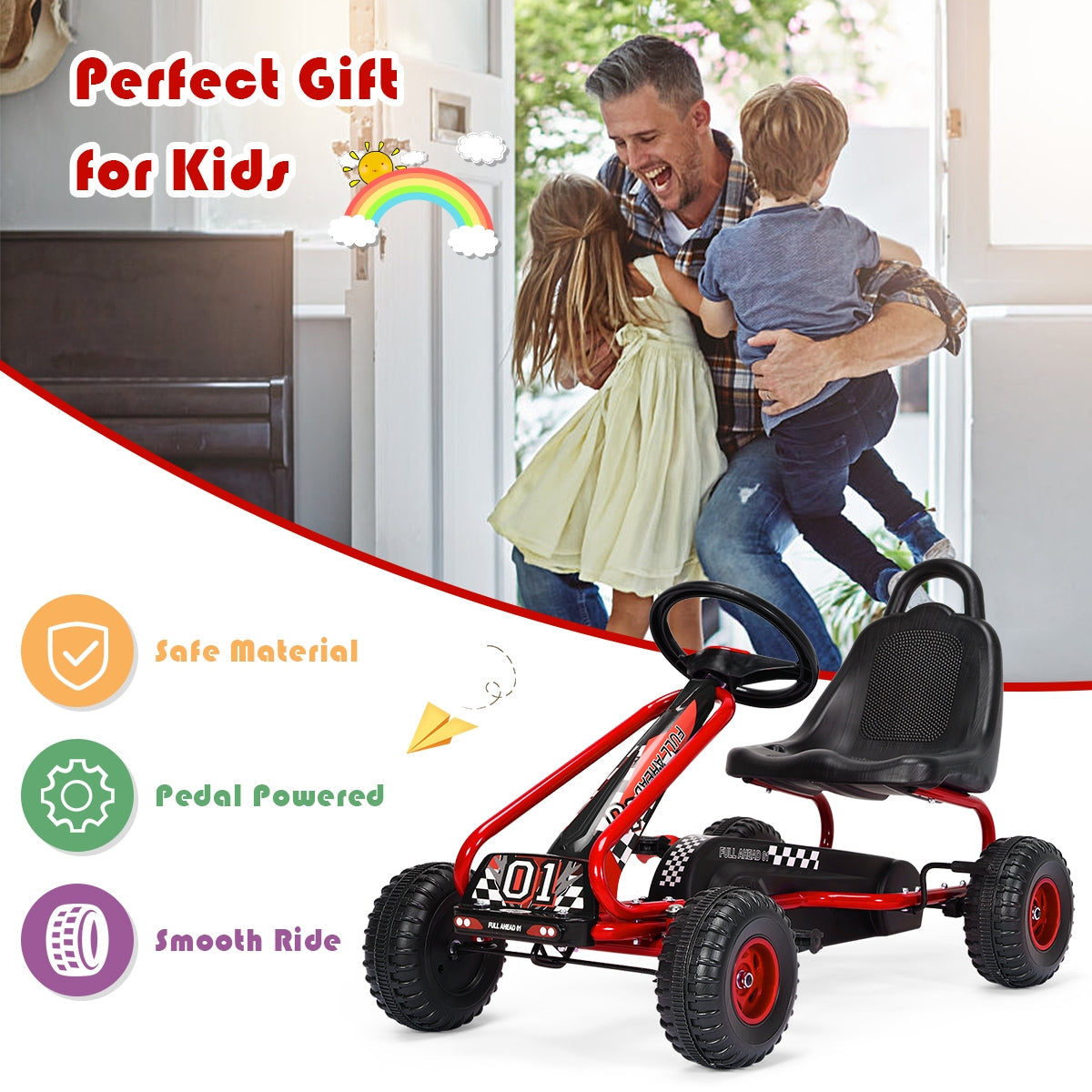 4 Wheel Pedal Powered Ride On with Adjustable Seat - Red
