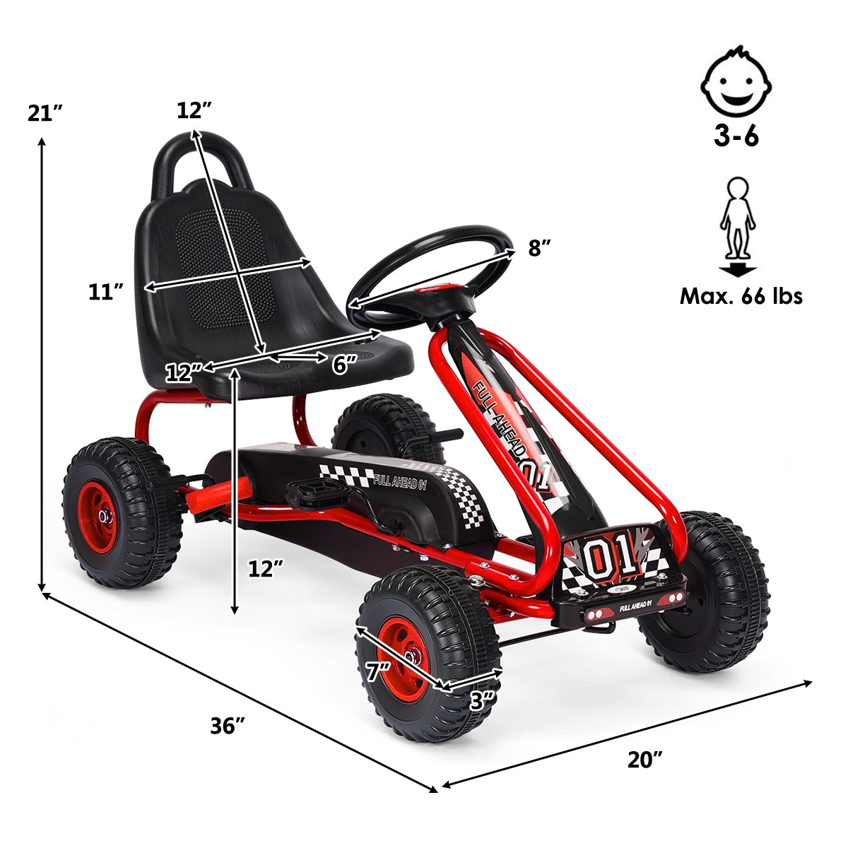 4 Wheel Pedal Powered Ride On with Adjustable Seat - Red