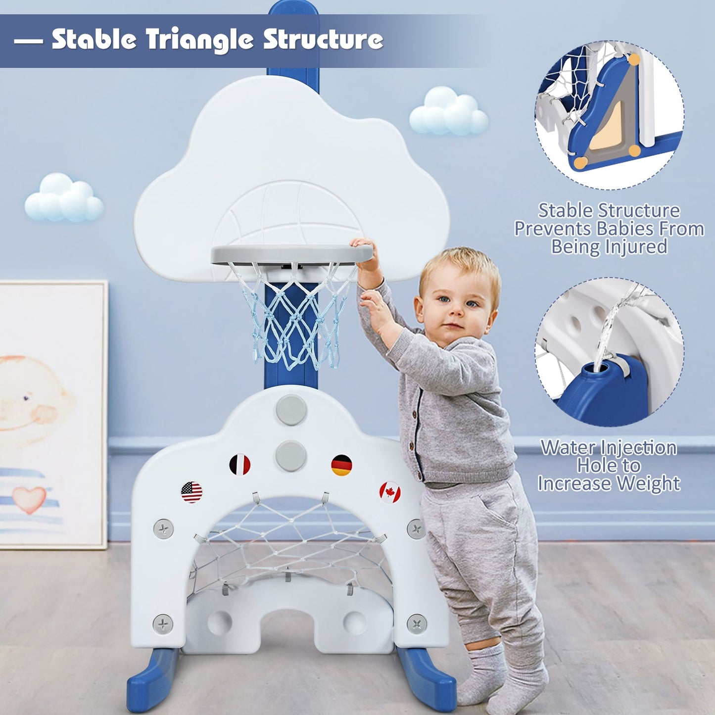 Juego de Aro de Baloncesto para Niños 3 en 1 con Pelotas - Blanco