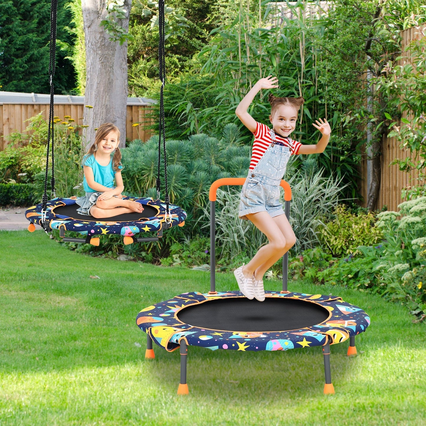 Ensemble balançoire et trampoline convertible avec main courante rembourrée