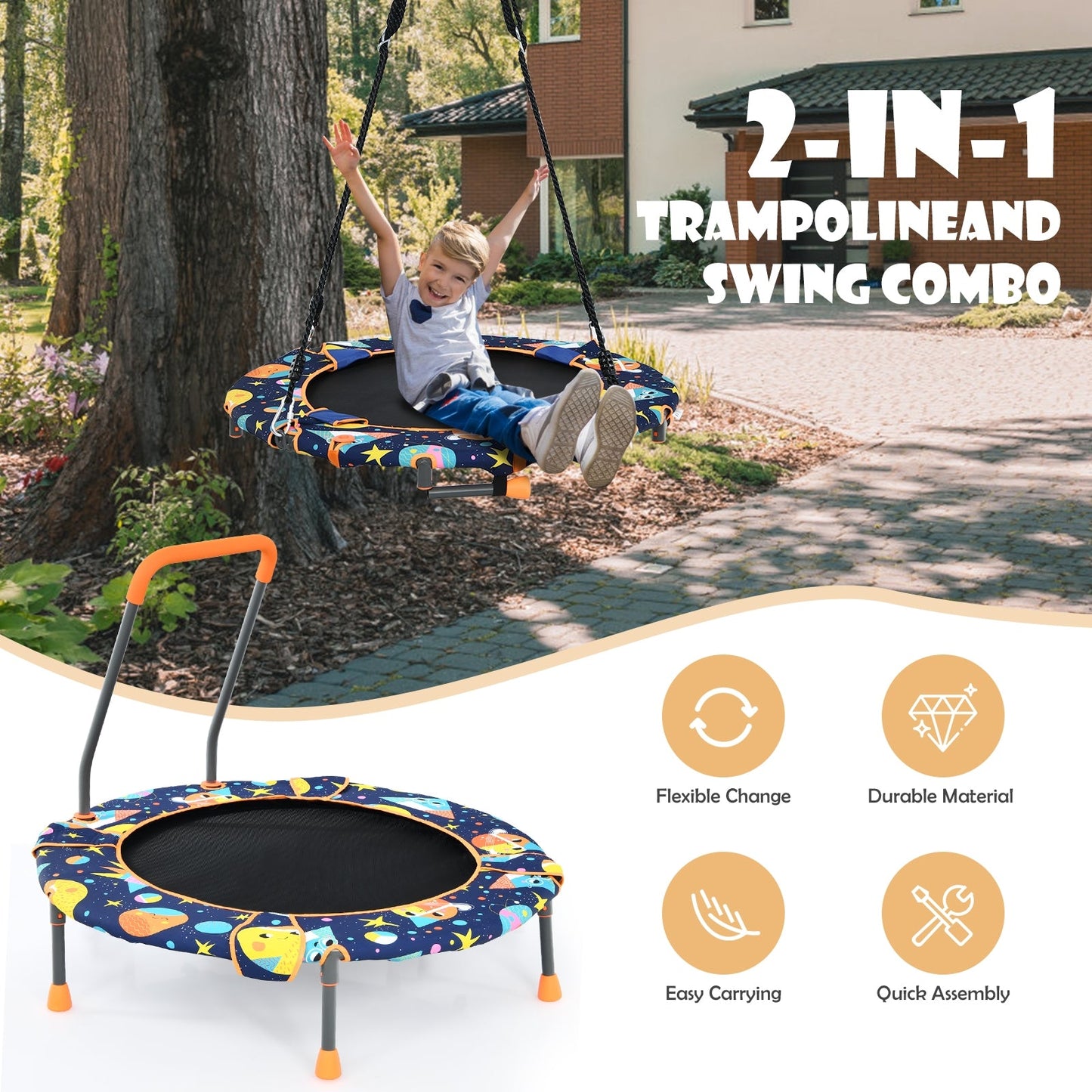 Ensemble balançoire et trampoline convertible avec main courante rembourrée