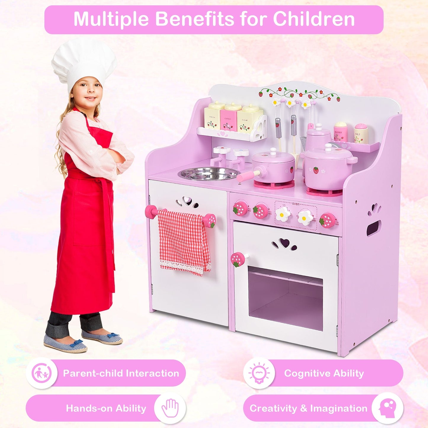 Jouet de cuisine en bois pour enfants - Ensemble de cuisine en jouet de fraise