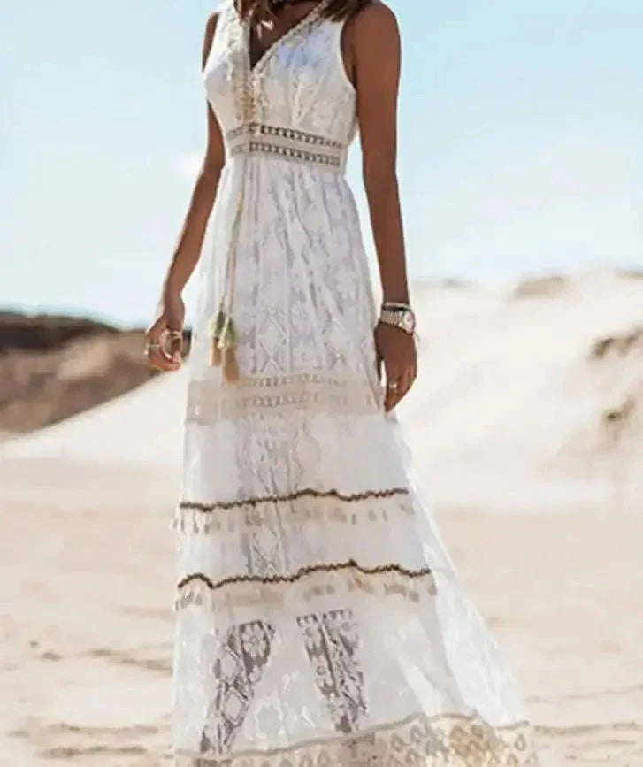 Robe Maxi à Col V avec Dentelle
