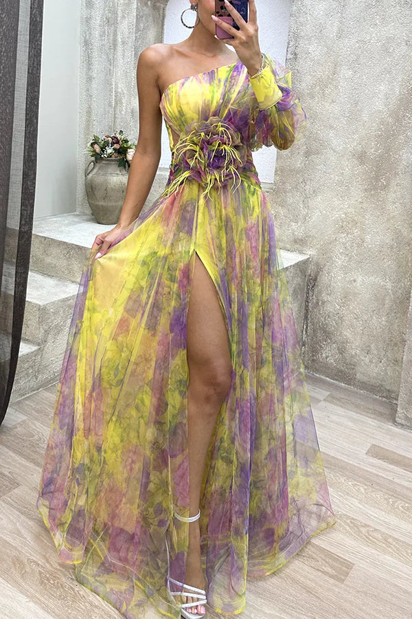 Mesh Tie-Dye Printed Off-Shoulder Slit Dress