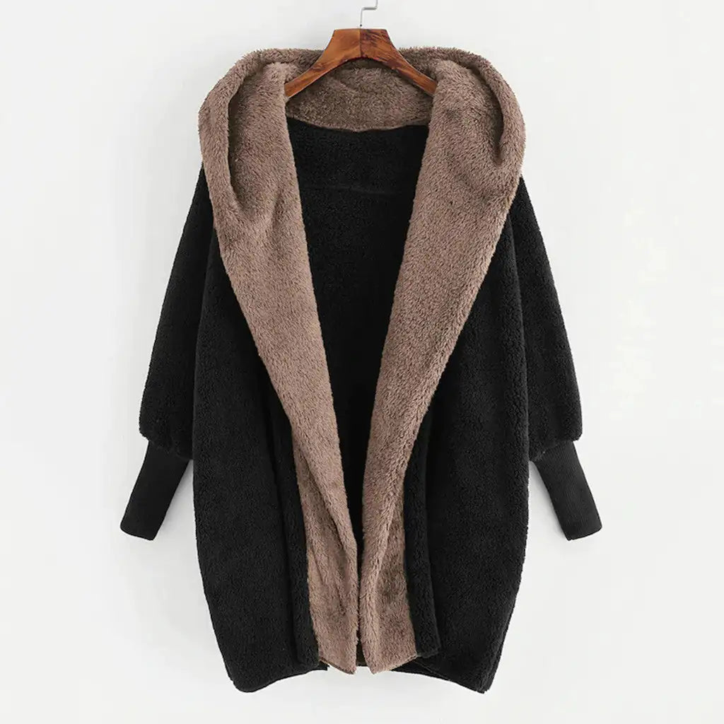 Abrigo Cardigan Suelto con Capucha de Terciopelo Doble Cara